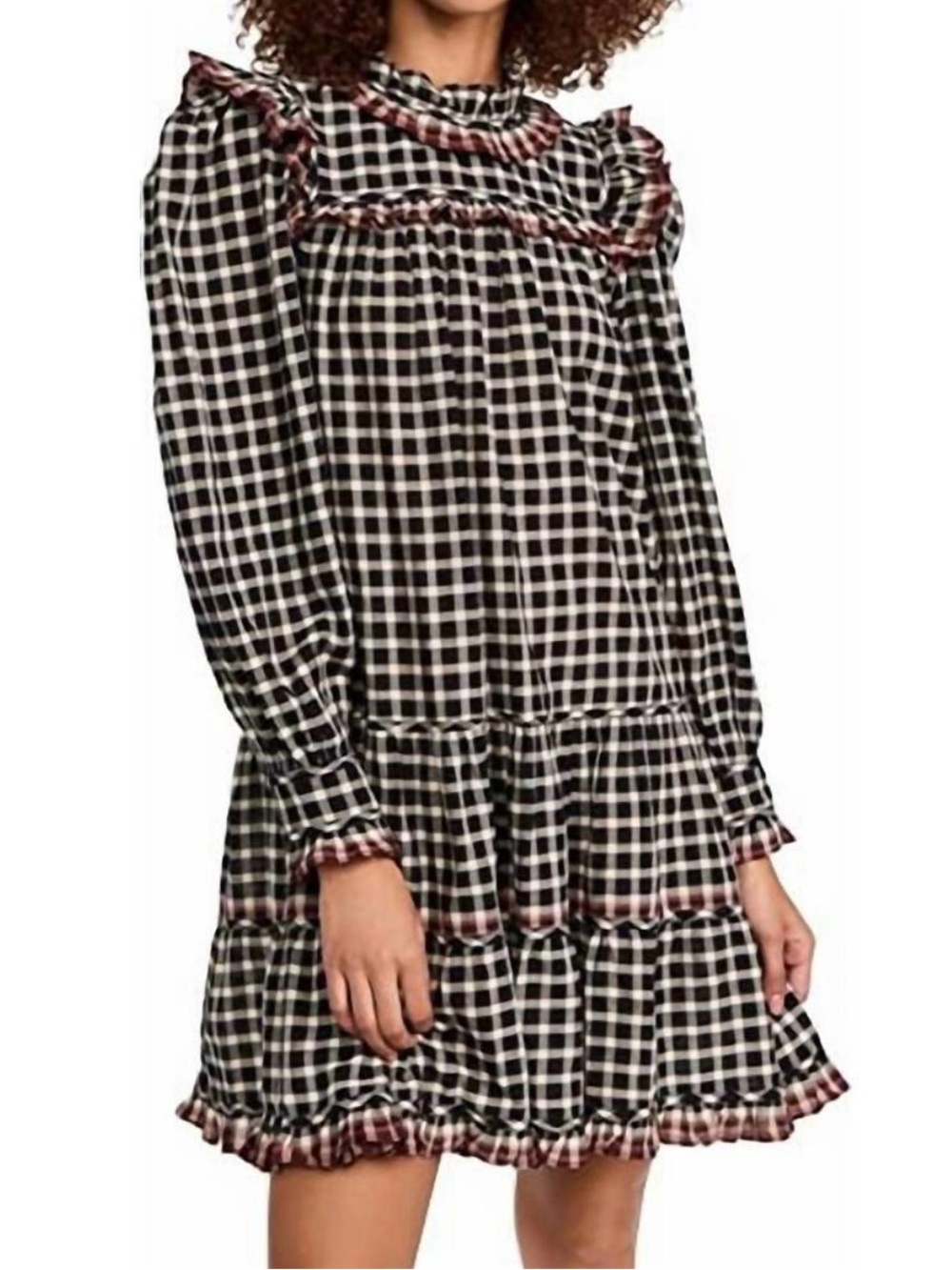 Ulla Johnson Elm Checked Ruffle Mini Dress Dusk Burgundy Blue Plaid Size 6